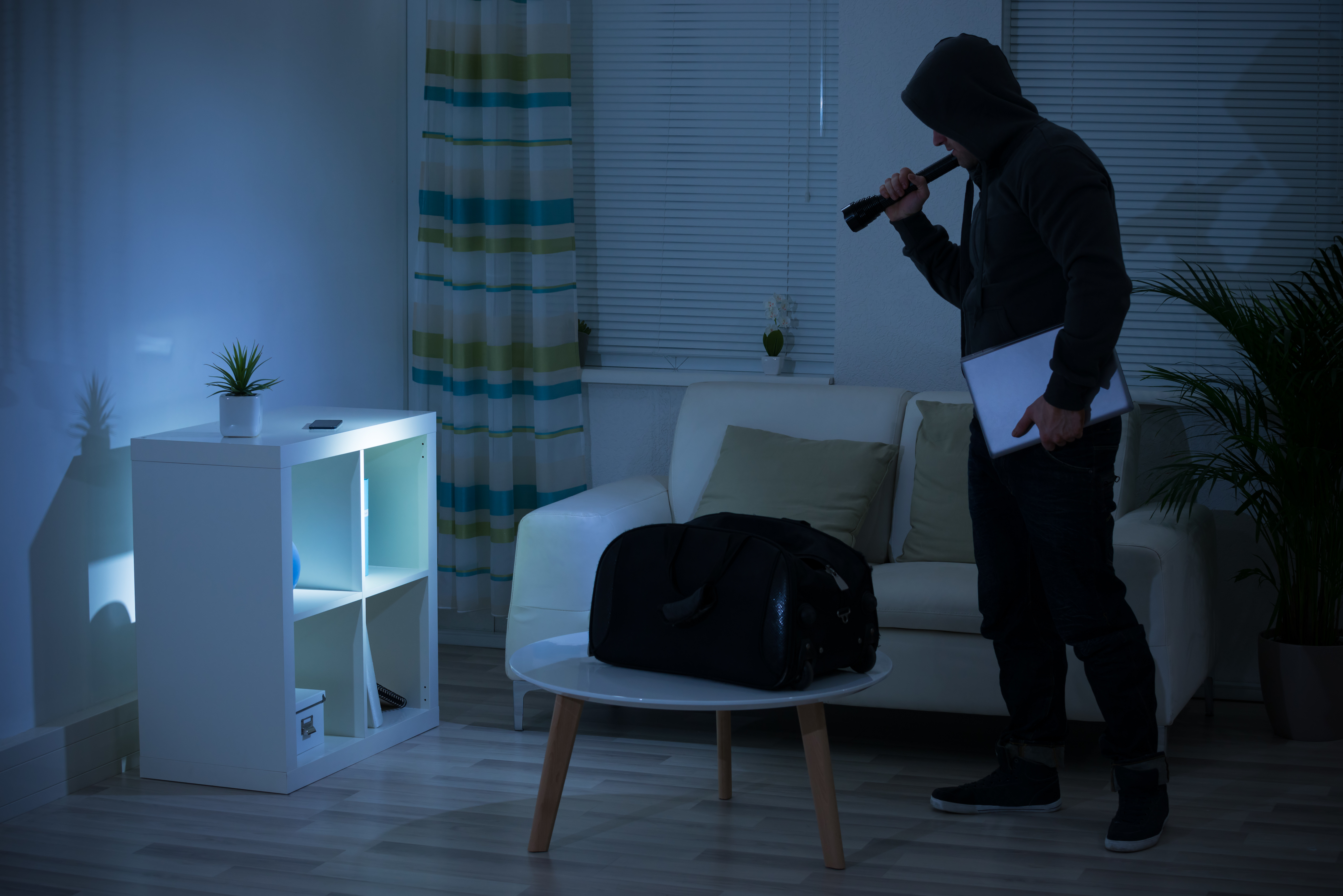 Full length of thief holding flashlight at shelves in living room
