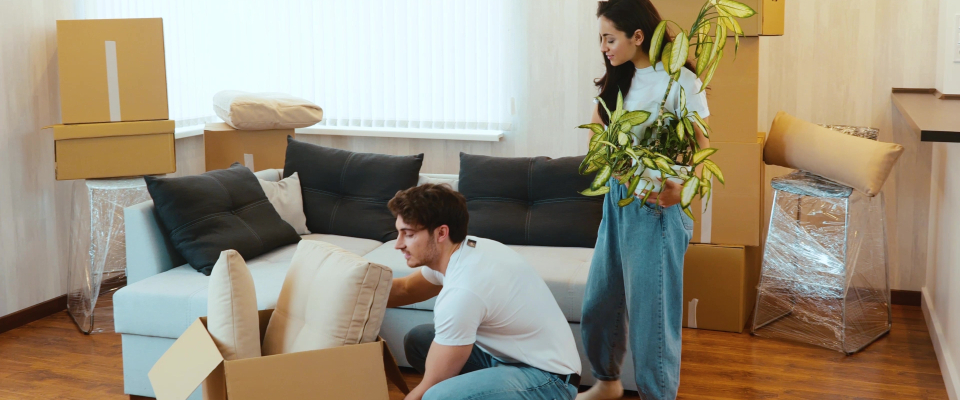 Couple packing boxes and carrying a plant as they move out after deciding to move instead of renewing their lease.