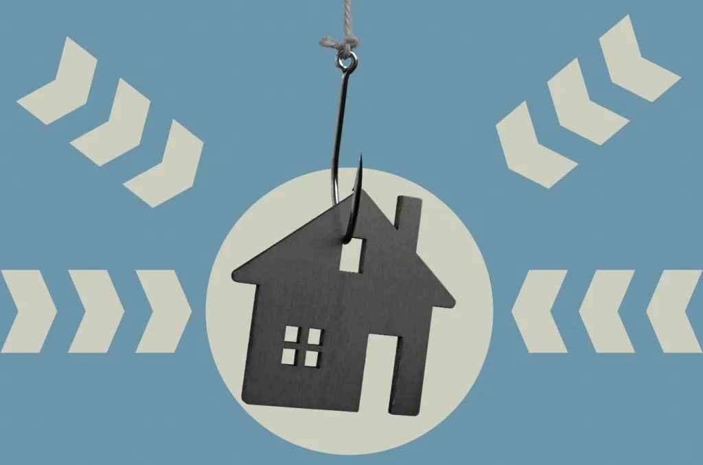Illustration of a house icon hanging from a fish hook against a blue background, symbolizing the risks of a rental scam.