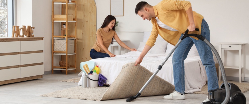 Couple lifting a rug and vacuuming the bedroom floor, demonstrating an essential task on any holiday cleaning checklist.