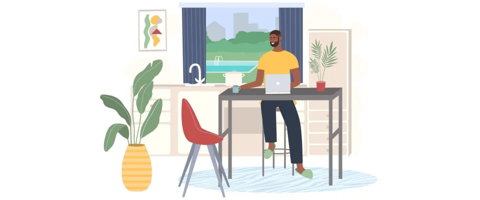 Illustration of a man sitting at a high table in a bright kitchen with a laptop and coffee mug, highlighting possible risks when sharing renters insurance with roommates, such as shared responsibility in case of a kitchen fire.