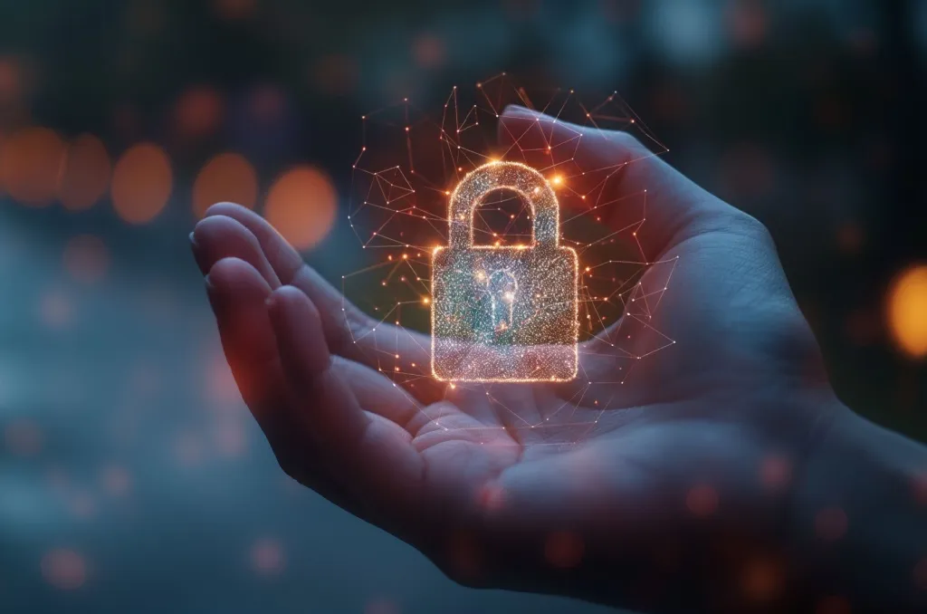A glowing digital padlock hovering above a person’s hand, symbolizing data protection, cybersecurity, and how to stay safe online through secure digital practices.