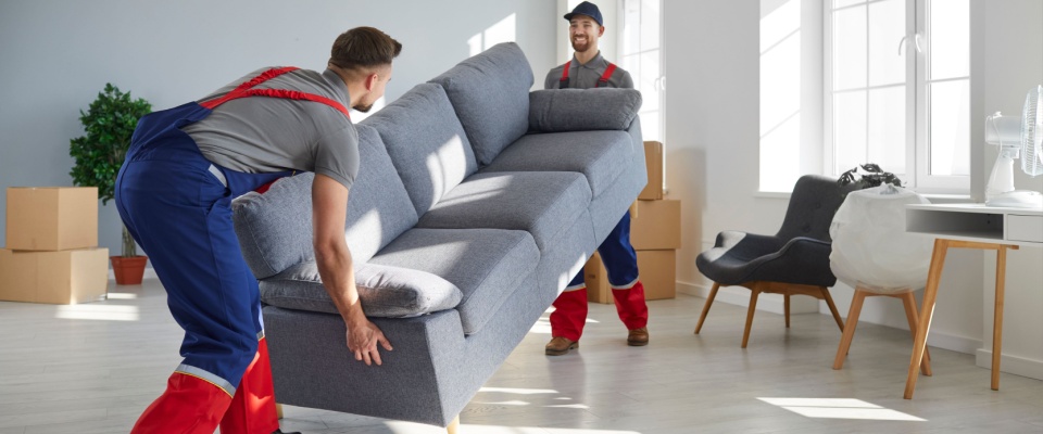 Professional movers lifting a gray couch in a bright living room, highlighting whether renters insurance covers moving.