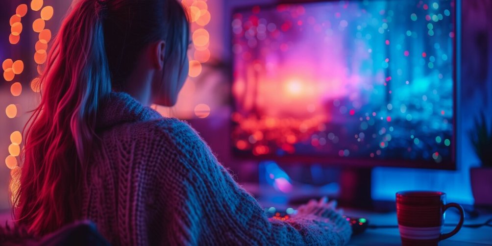 girl gamer inside on rainy day