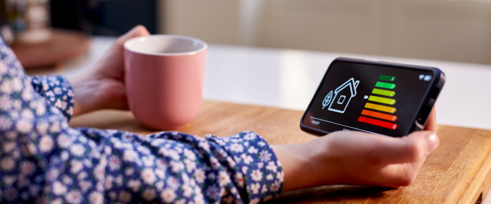 Woman in a kitchen holding a smart power meter displaying real-time electricity consumption for calculating the bill.