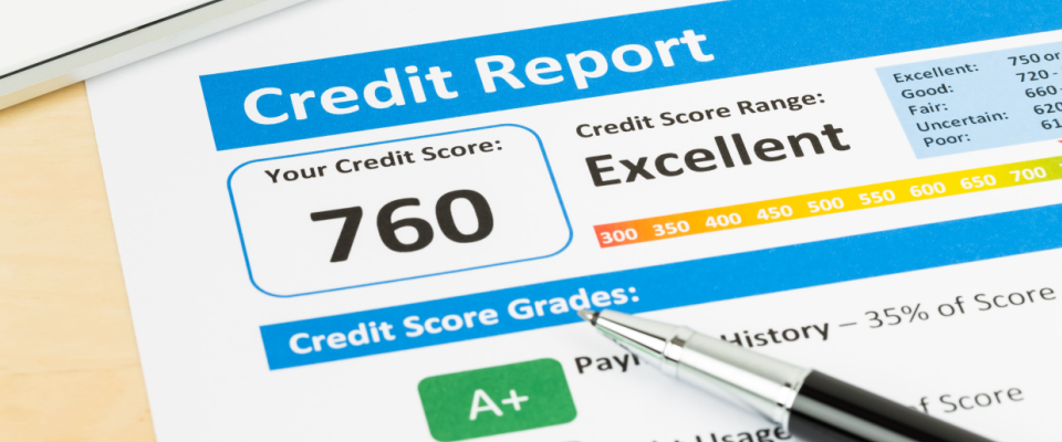 Close-up of a credit report showing a high credit score of 760, labeled as excellent, tracked as part of setting up electricity in an apartment.