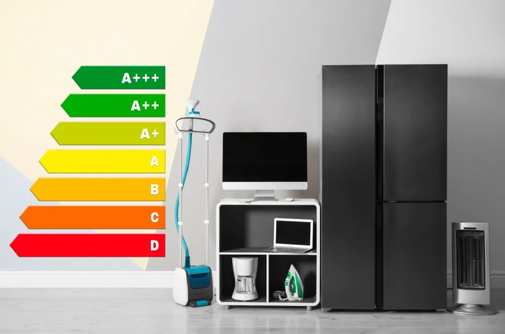Various household appliances, including a refrigerator, laptop, iron, heater, and coffee maker, displayed next to a colorful energy efficient rating chart.