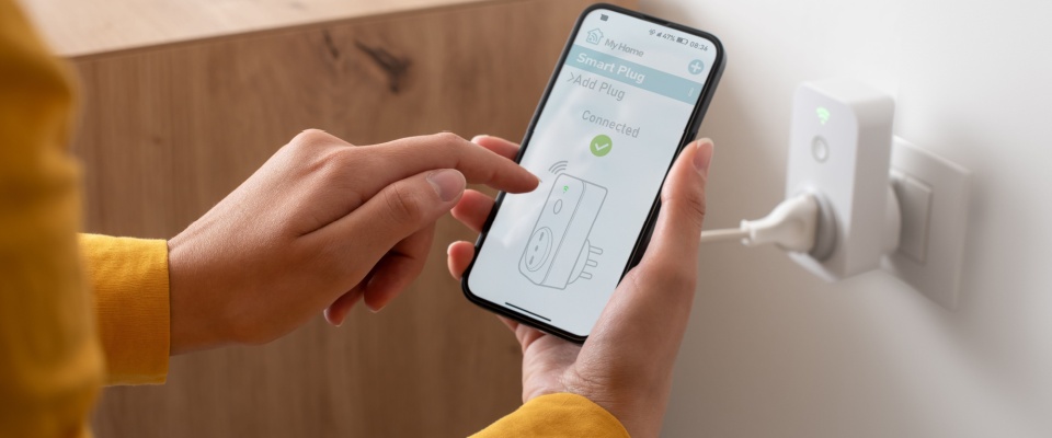 Person using a smartphone to set up a smart plug connected to a wall outlet, illustrating the use of energy-saving devices for reduced electricity consumption.