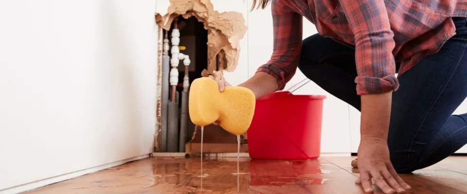 Woman kneeling on the floor with a sponge and red bucket, cleaning up water from a leak in front of a damaged wall with exposed pipes, visually representing how plumbing issues can be a legal reason for breaking a lease.