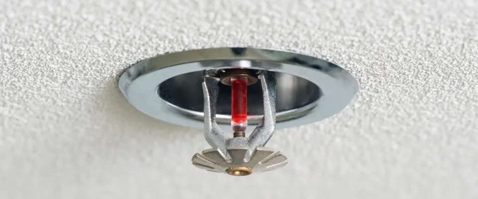 Ceiling fire sprinkler, illustrating that renters insurance often covers your belongings when the building’s fire suppression system goes off and your property gets damaged.