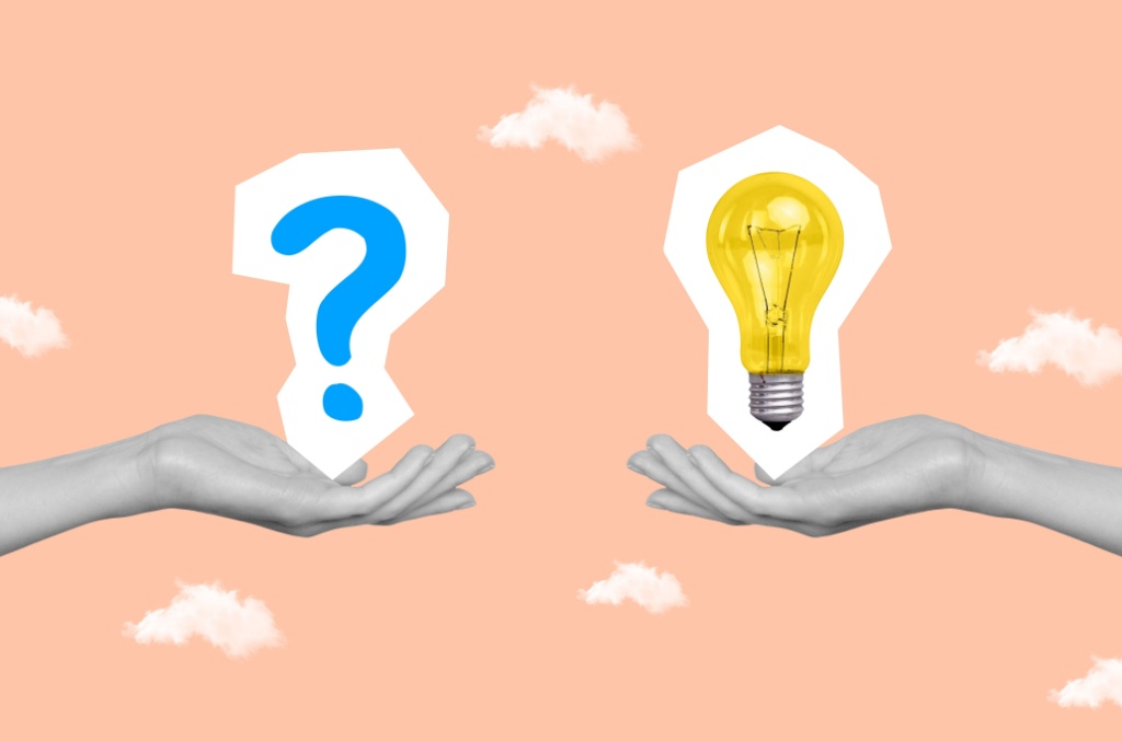 Two open hands, holding a blue question mark and a yellow light bulb against a soft peach background, illustrating the importance of making informed choices as you compare electricity plans.
