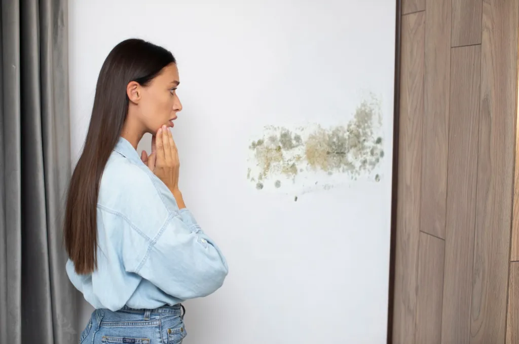 A concerned woman stands in front of a white wall covered in mold spots, reflecting on whether renters insurance covers mold damage in rental properties.