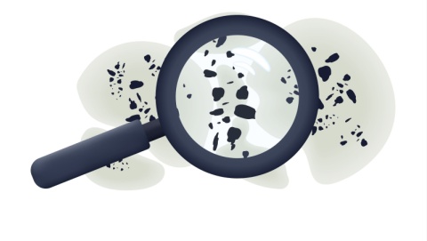 An illustration of a magnifying glass inspecting dark mold spores scattered on a light surface, in the context of addressing mold damage coverage.