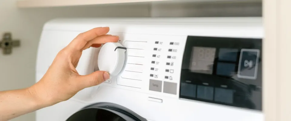 Person adjusting the settings on an energy-efficient washing machine, showcasing modern advancements inspired by the invention of electricity.