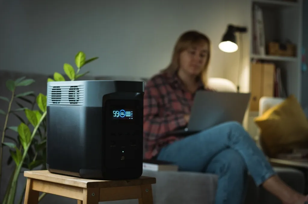 Portable power generator operating next to a couch while a person uses a laptop, illustrating everyday backup power for your apartment.