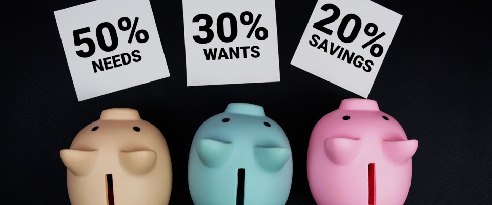 Three piggy banks labeled 50% needs, 30% wants, and 20% savings, explaining budgeting rules that guide how much of income should go to rent.