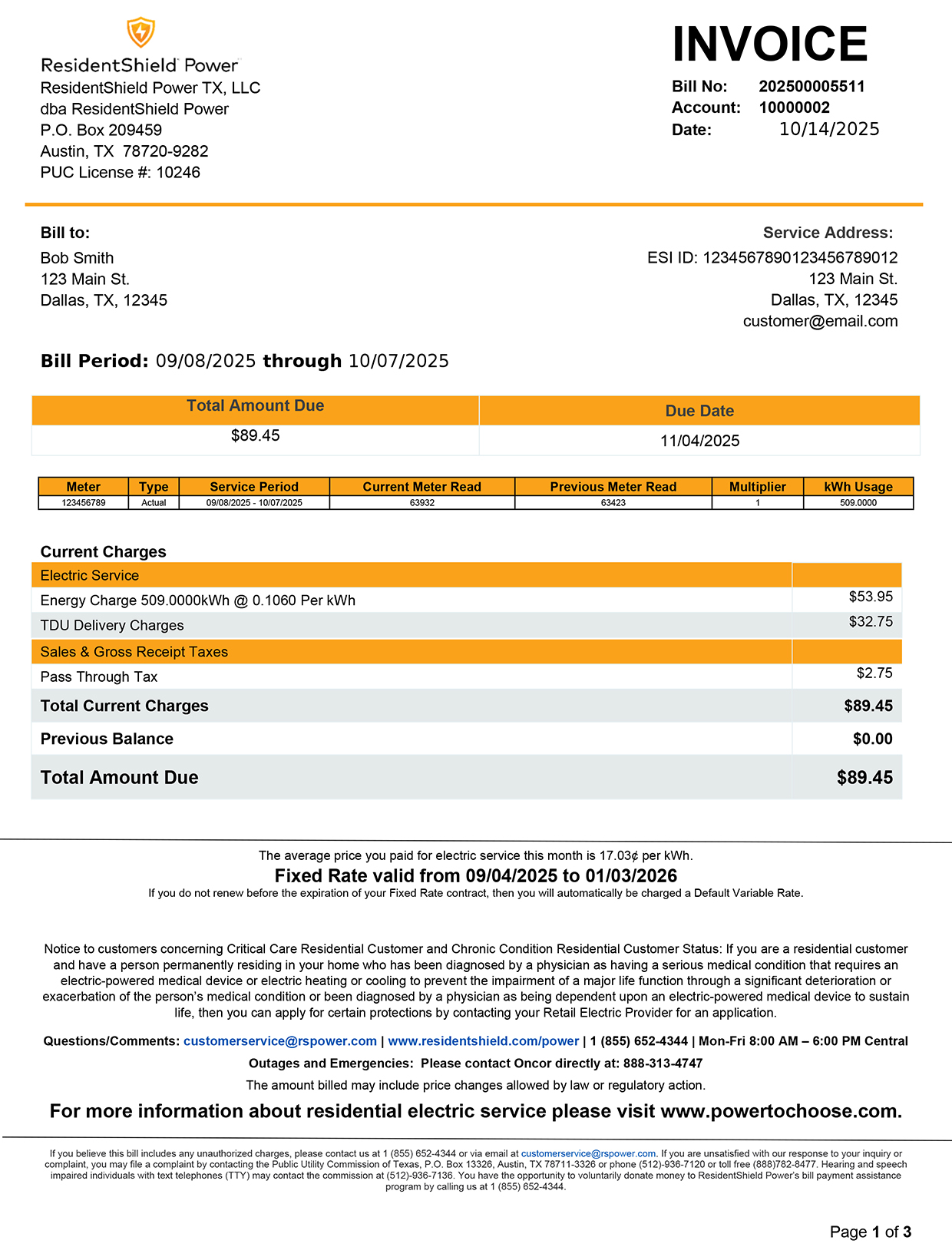 Sample ResidentShield Power electricity bill