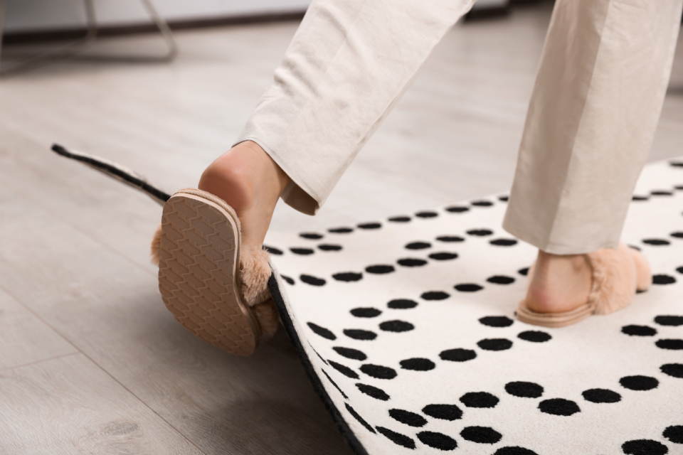 Person in slippers tripping on the edge of a rug at home, illustrating a household accident covered by liability protection under renters insurance in Ohio.