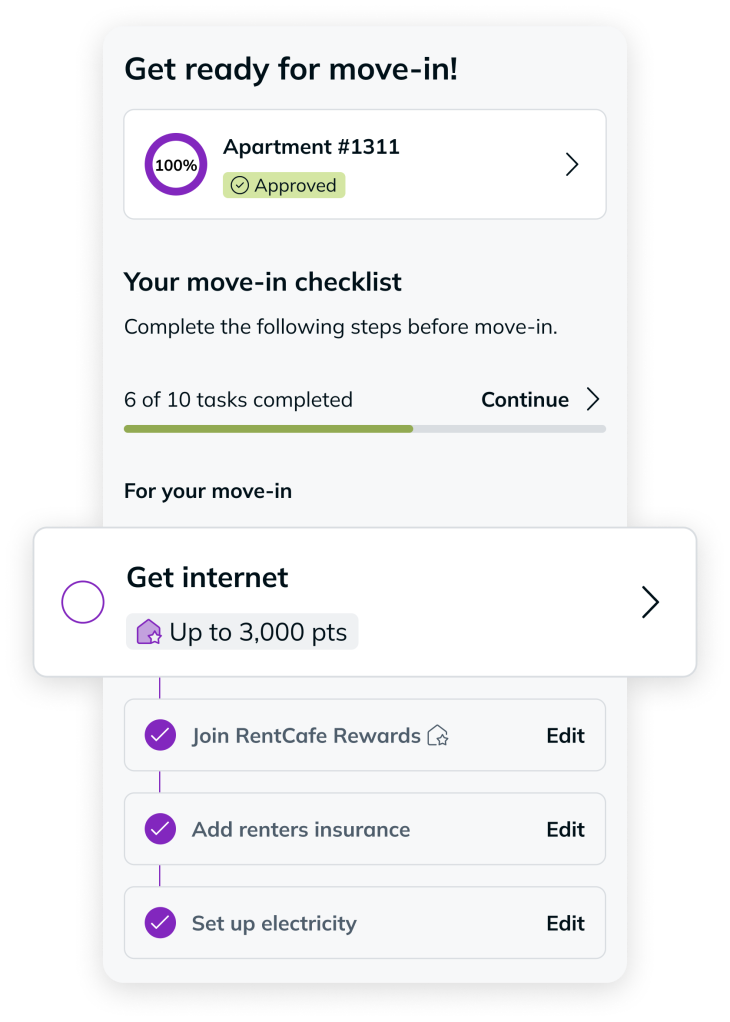 RentCafe Internet enrollment screen showing how renters can compare internet plans, schedule service before move-in and earn RentCafe Rewards points.