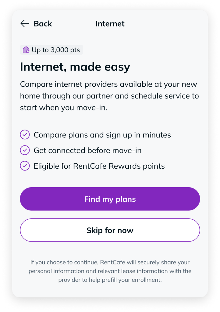 RentCafe move-in checklist highlighting the RentCafe Internet setup option, allowing future residents to arrange internet service before moving into their new apartment.
