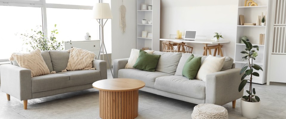 Bright apartment living room with sofas, furniture and decor, illustrating how renters insurance in Texas can help protect personal belongings.